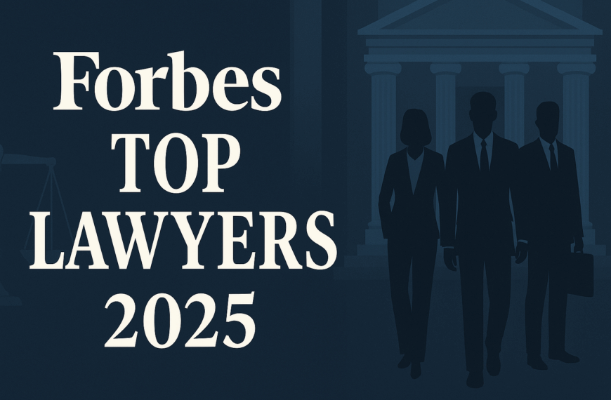 Wide banner reading Top Lawyers 2025 in bold serif font, with silhouettes of suited lawyers standing before courthouse columns and scales of justice. Professional dark blue and white palette designed to convey authority and prestige in the legal profession.