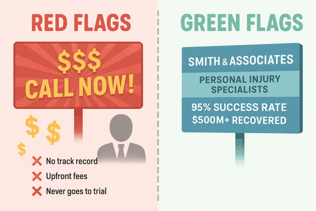Comparison of red flag warning signs versus green flag positive indicators when choosing an accident lawyer