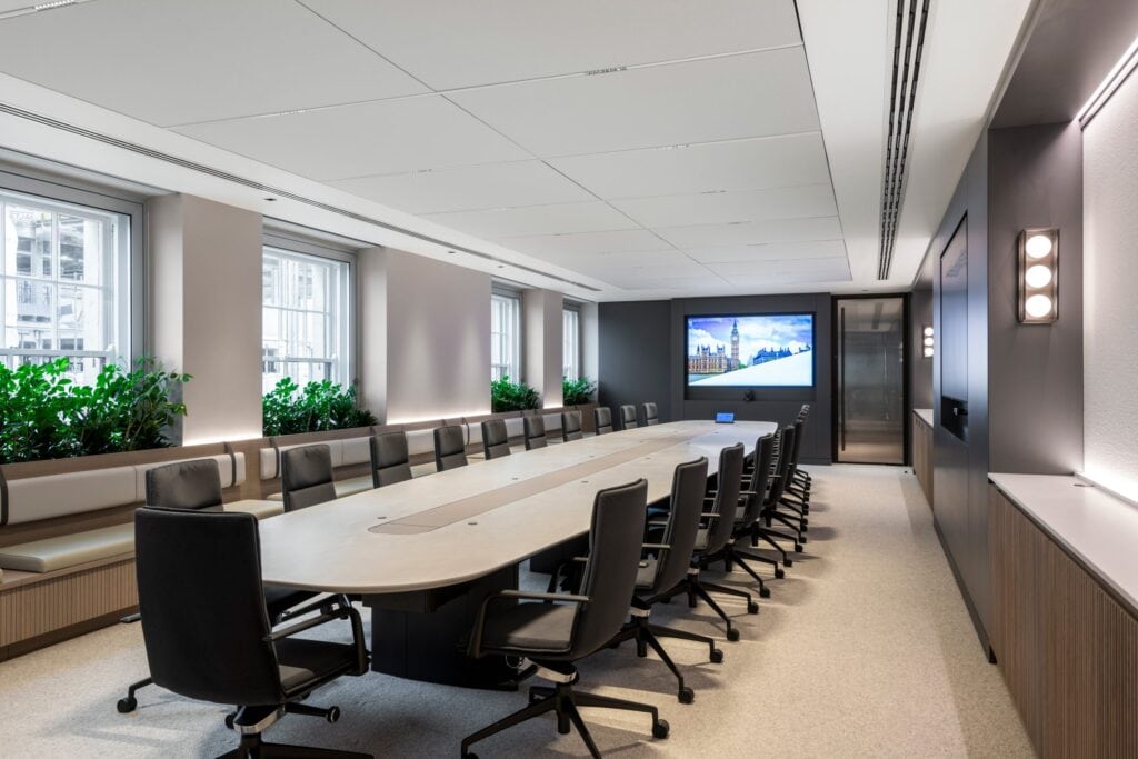 Global Private Investment Firm Boardroom interior with glass partitions and modern lighting Large scaled